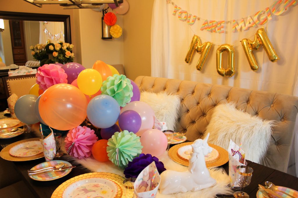 balloon centerpiece, unicorn, brunch, rainbow, pastels, gold, mother's day
