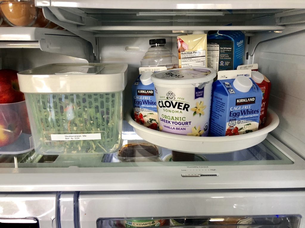 Using lazy Susan in refrigerator for organizing. Organization 