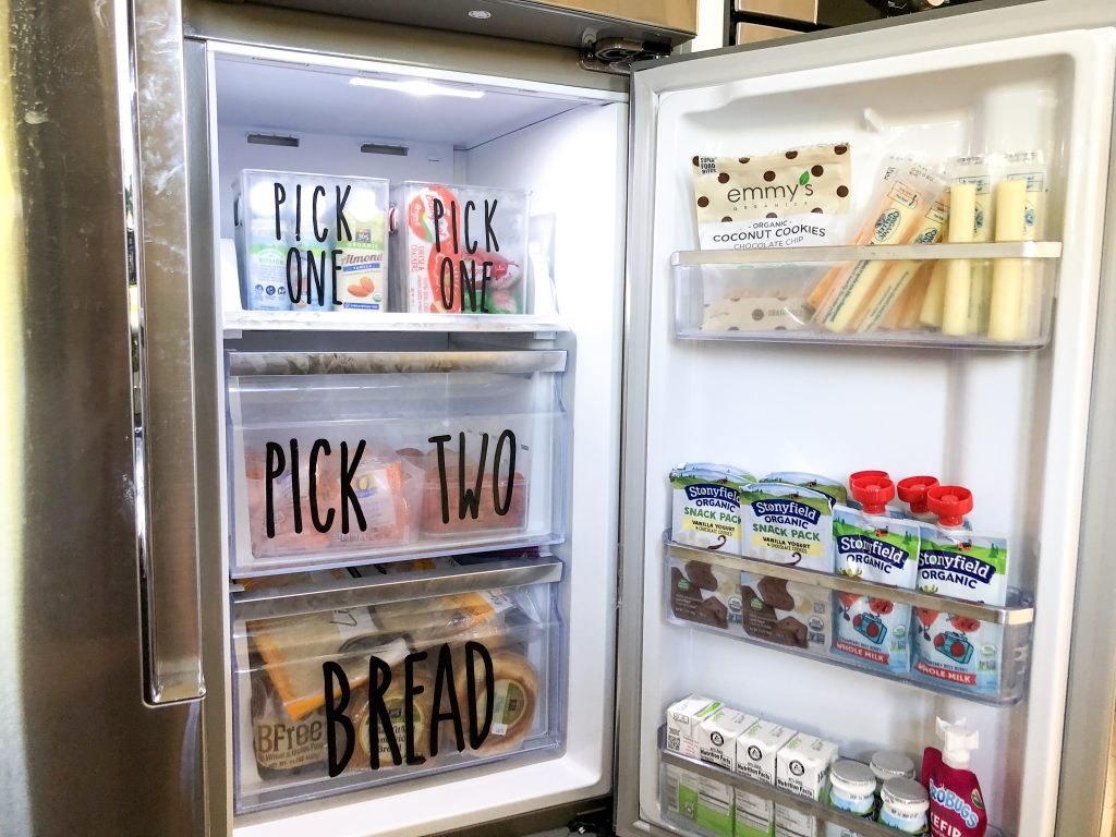 refrigerator organization for pack your own lunch station for the kids (the container store)