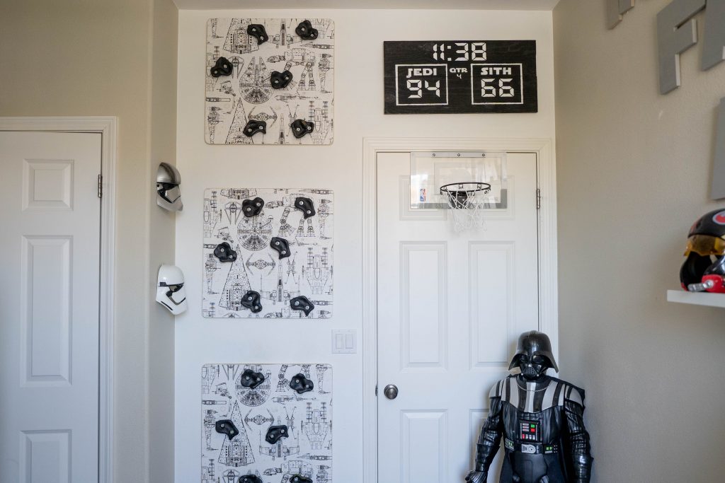 Star Wars climbing wall and scoreboard and basketball hoop. Boys room. Star Wars room nursery