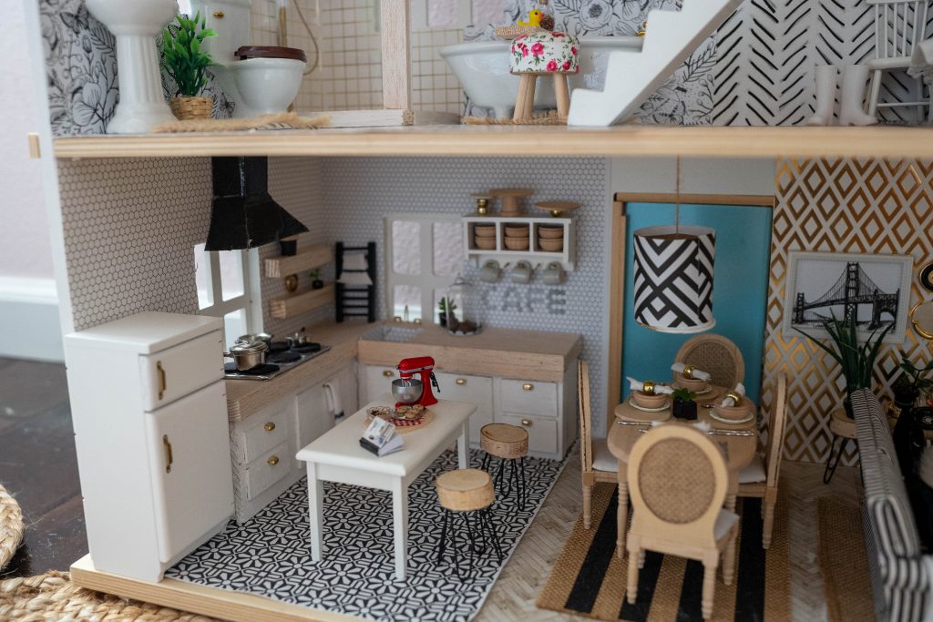Fixer upper inspired decorated dollhouse with DIY kitchen