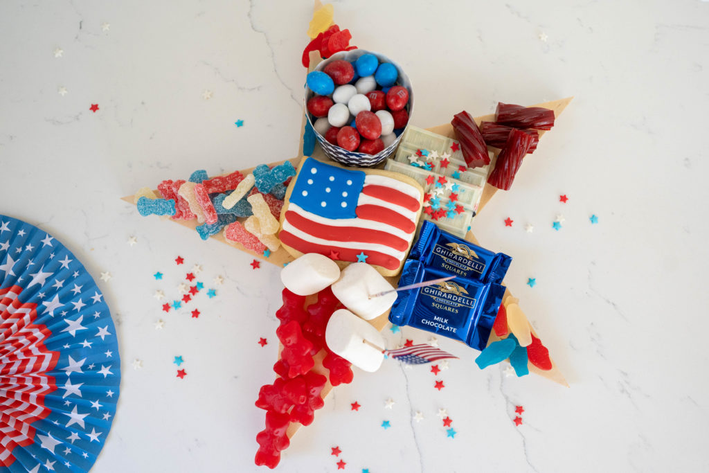 4th of July grazing board with sweet dessert treats star shaped