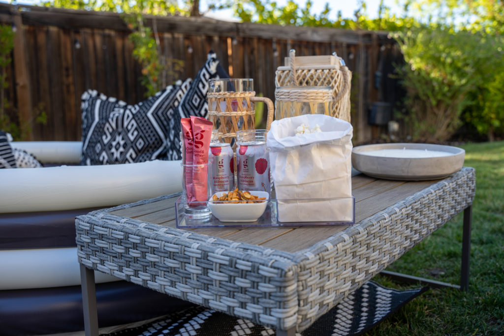 Outdoor movie snack set up bar and acrylic tray