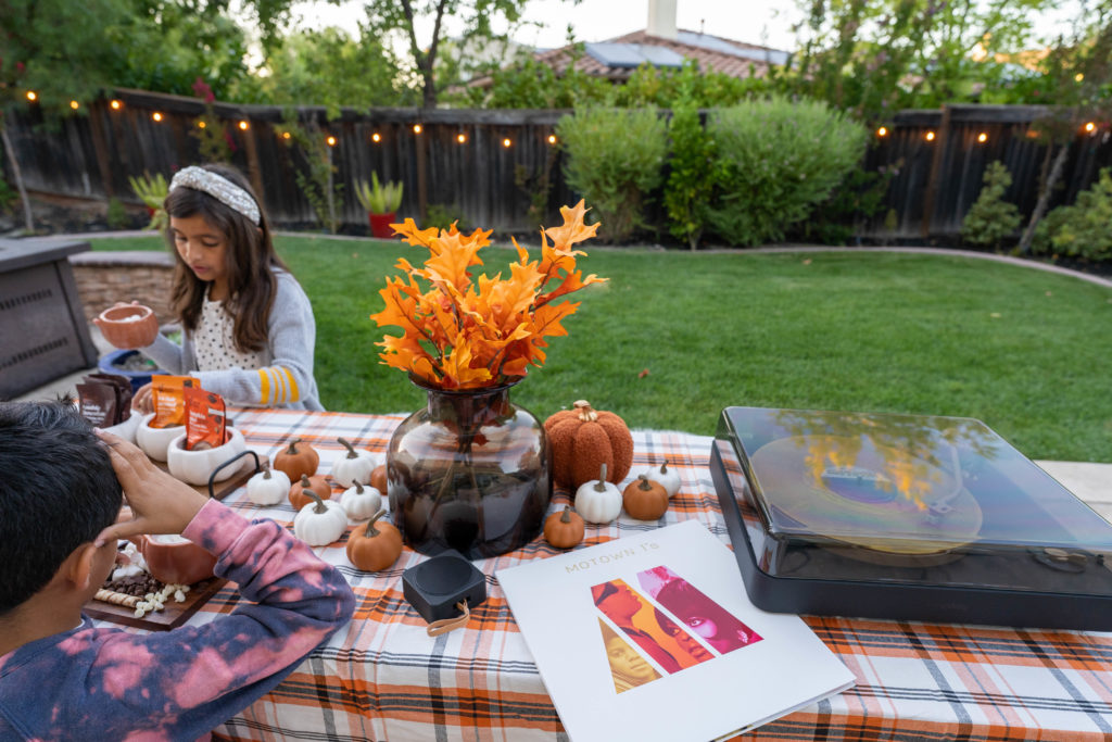 Fall tablescape with hot cocoa board and record player- fall leaves and Target finds