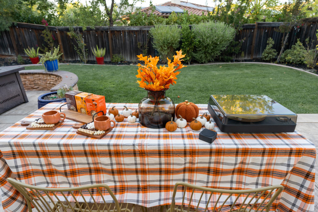 Fall tablescape with hot cocoa board and record player- fall leaves and Target finds