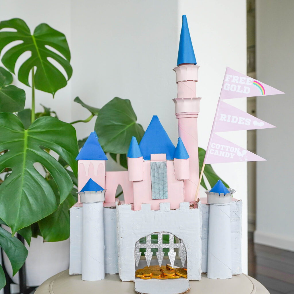 Cardboard Disneyland Castle leprechaun trap with gold coins and flags to trick leprechaun