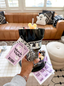 Halloween movie night stadium cup which is a tumbler cup with a compartment tray on top for snacks