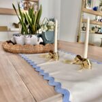 Table setting with DIY white and blue scalloped table runner.