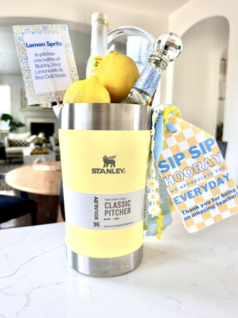teacher appreciation basket idea using a stanley pitcher to hold everything you need to make a lemon spritz