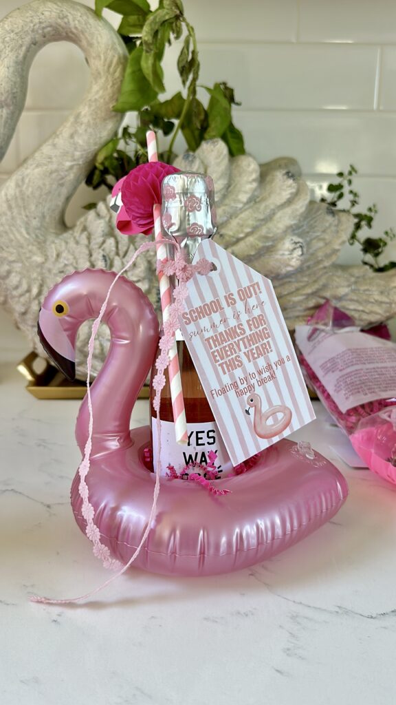 Flamingo drink floatie themed teacher gift that has a mini bottle of rose is it