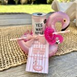 end of year teacher gift idea and printable with mini flamingo drink floatie for the pool, yes way rose drink and flamingo straw with printable gift tag.